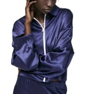 ZARA blue jogger jacket Satin effect zipper lightweight tracksuit jacket size S
